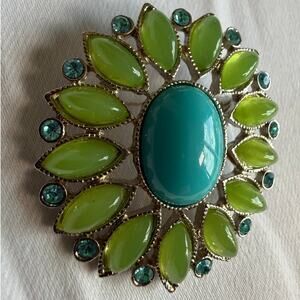 Vintage Flower Brooch Pin Turquoise Blue Green Rhinestones Silver Tone